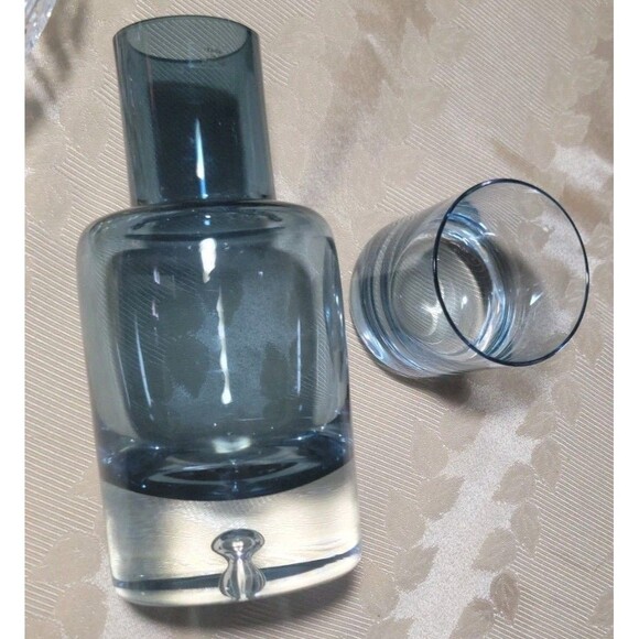 VTG Krosno Poland Blue Blown Glass Decanter Tumble Up Bedside Carafe Bubble MCM - Picture 1 of 16